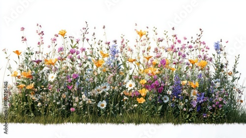 vibrant wildflower border of daisies, orange and purple blooms above fresh green grass, peaceful and joyful spring meadow strip on a clean white background