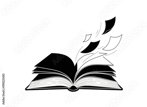 An open book with pages flying off into the air, symbolizing imagination and knowledge