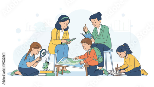 Children and teachers engaged in a science and geography lesson.