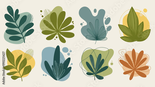 Collection of Abstract Botanical Illustrations with Organic Shapes and Earthy Tones.