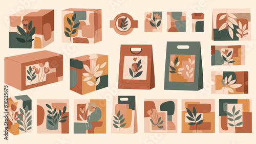 Collection of Abstract Botanical Packaging Designs for Various Products.