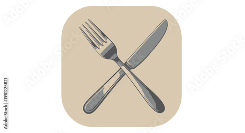 Crossed silver fork and knife on beige background, viewed from directly above, representing dining utensils
