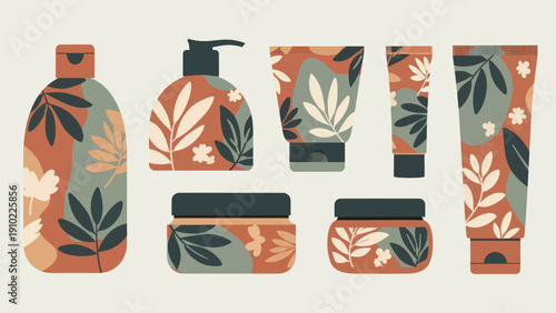 Collection of cosmetic bottles and jars with floral patterns.