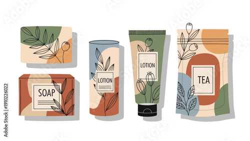 Collection of natural organic cosmetic products and tea packaging with abstract botanical designs.