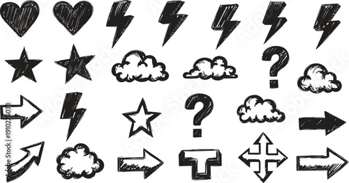 Hand drawn black icons set including hearts, lightning bolts, stars
