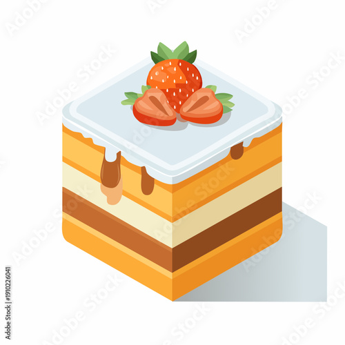 Isometric Layer Cake with Dripping White Glaze and Fresh Strawberry Topping