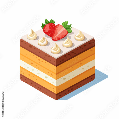 Isometric Layer Cake Illustration with Fresh Strawberries and Whipped Cream Topping