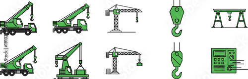 Green construction cranes and industrial equipment illustrations