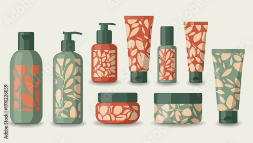 Collection of natural skincare products with leaf patterns.