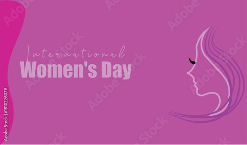  
International womens day vector illustration with female silhouette profile flowing hair pink purple background elegant design