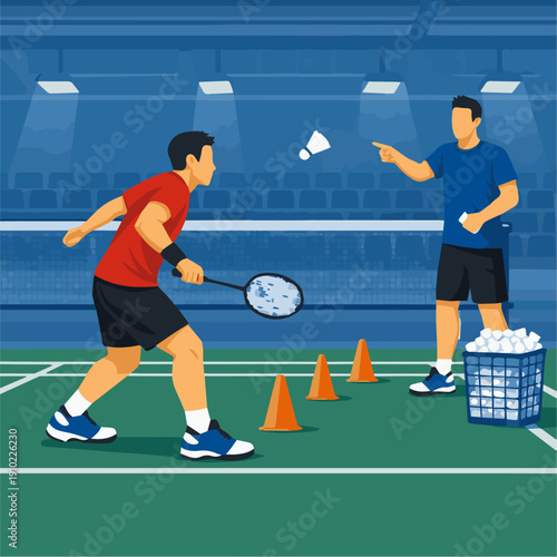 Badminton Player Training Practice Flat vector illustration of a badminton player practicing with a coach. Basket of shuttlecocks and cones visible. Flat vector style, skill development scene.