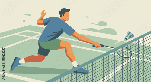 Badminton Player Backhand Shot

Flat vector illustration of a badminton player executing a backhand shot. Focused posture, net visible. Flat vector style, dynamic motion.