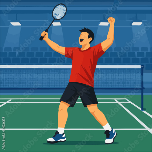 Badminton Player Celebrating Point Flat vector illustration of a badminton player celebrating after winning a point. Racket raised, joyful posture. Flat vector style, victory and excitement.