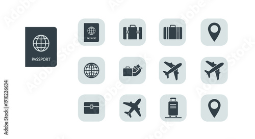 Travel icons collection featuring transportation and travel documents in a grid layout