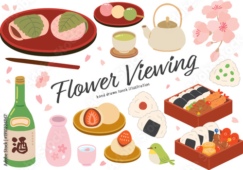 お花見のお弁当と和菓子の手描きイラストセット