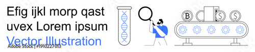 Research and science, cryptocurrency, biotechnology, blockchain, innovation, automation. A scientist examines a DNA test tube, a blockchain-inspired machine processes coins. Research