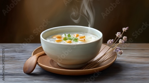 Warm Meal Delight: A steaming bowl of comforting porridge, garnished with golden nuts and fresh herbs, is placed on a rustic wooden table with wooden spoon, promising a delightful culinary experience.