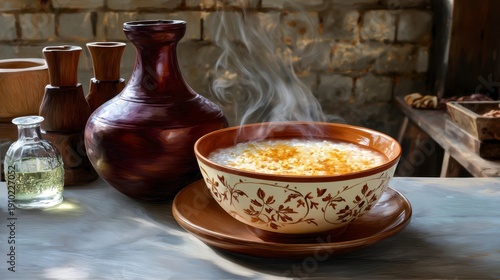 Oatmeal Culinary Still Life: A detailed studio shot showcases a steaming bowl of delicious oatmeal, complemented by elegant ceramic pottery, evoking warmth and comfort.