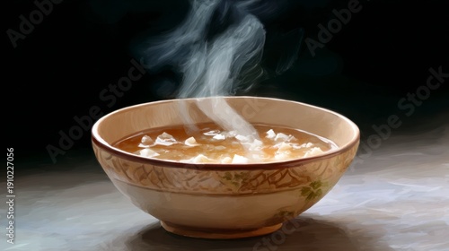 Steaming Bowl of Culinary Delight: A close-up shot captures a savory bowl of soup, with wisps of steam gently rising, evoking warmth and comfort.