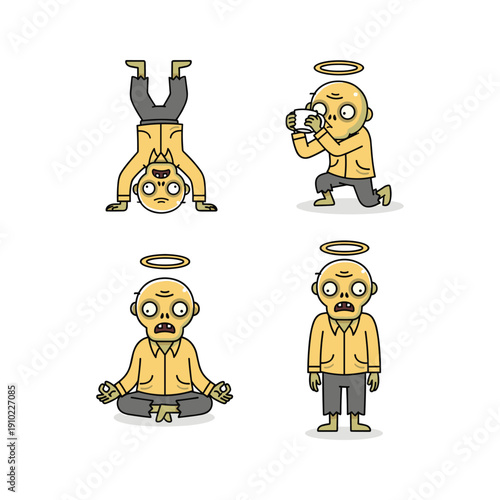 Cartoon character in various yoga poses and meditation with halo