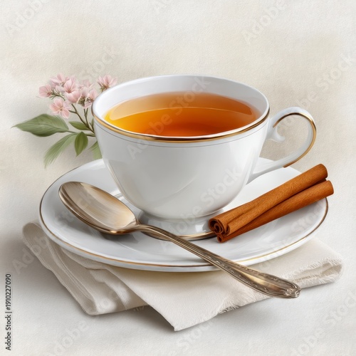 Elegant Tea Time: A beautifully composed image of a cup of tea, accompanied by cinnamon sticks and a spoon, evoking warmth and comfort.