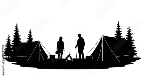 Silhouette of two people camping with tents and trees.