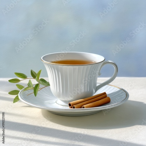 Aromatic Tea Moment: A pristine teacup with a warm tea infusion, enhanced by fragrant cinnamon sticks and delicate greenery, creating a soothing and inviting composition.