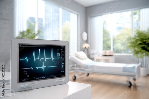 Life's Rhythms: Capturing the steady pulse of life in a modern medical environment, this image features a heart monitor displaying a healthy heartbeat.
