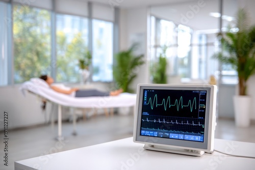 Health Monitoring in Medical Room: A patient lies peacefully on a medical bed, monitored by a display showcasing vital signs, set within a bright, airy medical room.