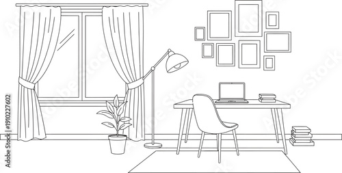 Modern home office with laptop and cozy decor