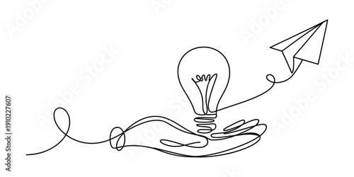 Continuous line drawing of a hand holding a lightbulb with a paper plane flying away.
