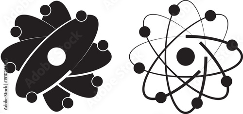 atom icon set. Atomic structure symbols. Simple black and white illustration of an atom with orbiting electrons around a nucleus. Simplified black and white atom representation with electrons orbiting