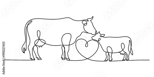 One line drawing of a mother cow and her calf with a heart symbol representing love and care. Vector, illustration