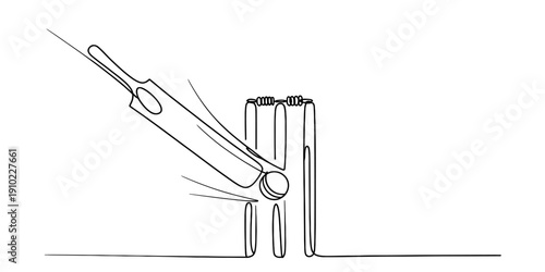 A cricket bat hitting a ball near the wickets in a minimalist continuous line drawing style. Vector, illustration