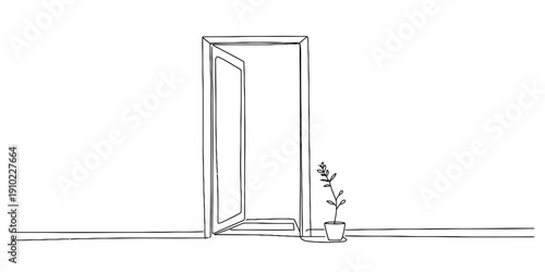 A minimalist line drawing of an open door in a room with a small potted plant beside it. Vector, illustration