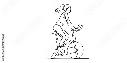 Continuous line drawing of a woman working out on a stationary exercise bike in a gym Vector, illustration