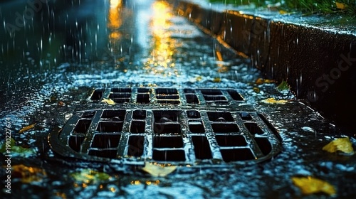 Close-up of rain-soaked metal storm drain grate on wet city curb with autumn leaves and glowing streetlight reflections, moody melancholic nighttime rain