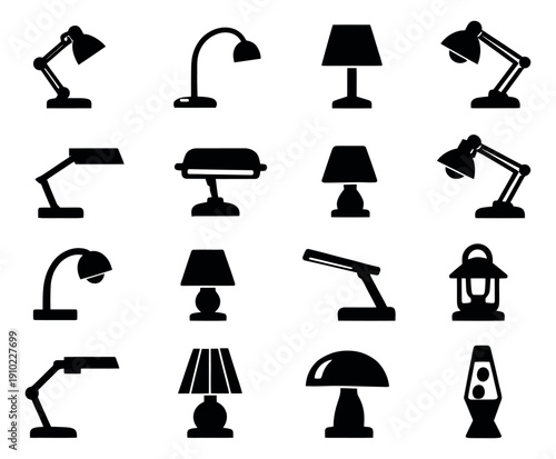 Black silhouette lamp icon set featuring various desk and table lighting fixtures for home and office design