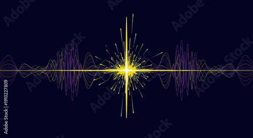 A vibrant yellow energy burst radiates outward, flanked by dynamic purple sound waves, symbolizing advanced technology and scientific innovation.