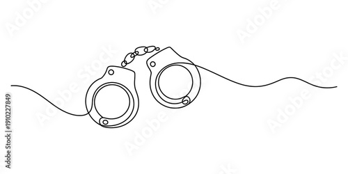 Single continuous line drawing of a pair of metal handcuffs on a white background Vector, illustration