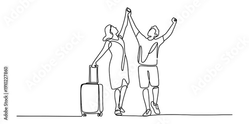 Continuous line drawing of a happy couple traveling with a suitcase and arms raised high in joy