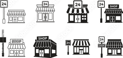 Various 24 hour shops and stores with awnings