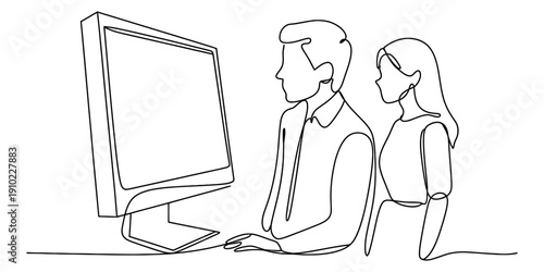 Continuous line drawing of a man and woman collaborating while looking at a computer screen