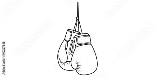 A simple black and white line drawing of a pair of boxing gloves hanging by their laces.