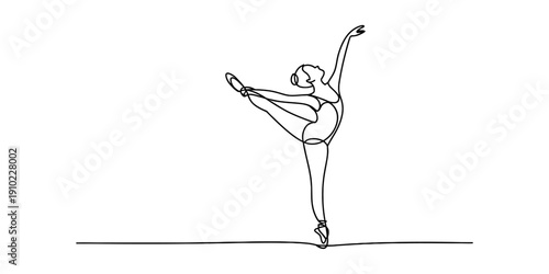 Minimalist continuous line drawing of a graceful ballerina performing a classic ballet pose.