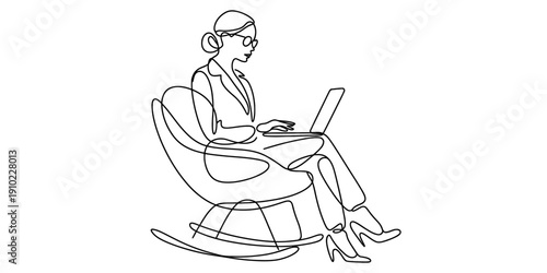 A minimalist line drawing of a professional woman working on her laptop while sitting in a rocking chair.