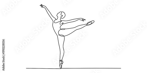 Continuous line drawing of a graceful ballerina performing a ballet dance move on a white background.