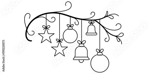 Decorative branch with hanging christmas ornaments including stars bells and baubles line art