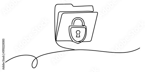 Single line drawing of a secure folder icon with a padlock representing data protection.