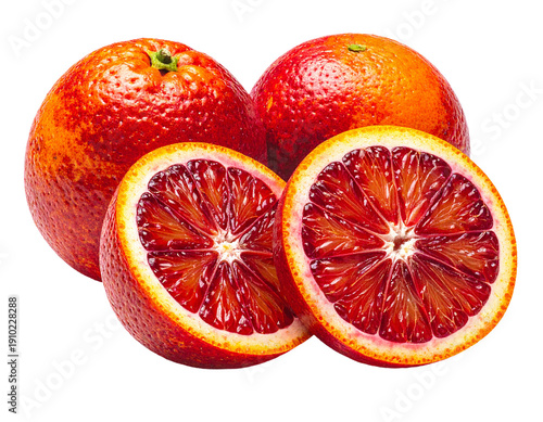 Blood orange halves isolated on transparent background in detailed png format. Fresh citrus fruit with vibrant red flesh texture, natural healthy nutrition concept for stock imagery.